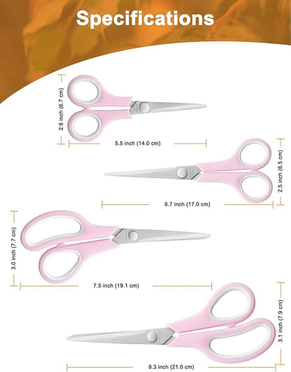 Craft Scissors Set of 4, Sharp Stainless Stee Blades, Comfort Grip, Scissors All purpose for Office School Home Fabric Sewing DIY Art Craft Cutting, 8.5''/7.5''/6.7''/5.5'', Pink