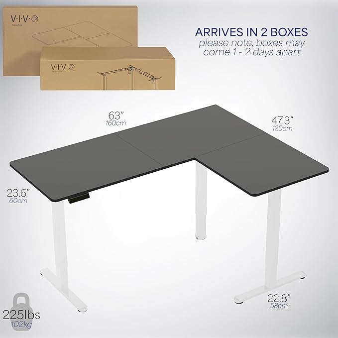 VIVO Electric Corner 63 x 47 inch L-Shaped Standing Desk, Memory Height Adjustment, Black Top White Frame, DESK-E3CTWB-47