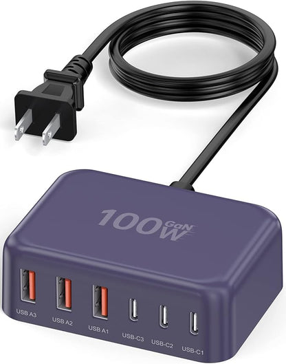 100W GaN USB-C Charger Block – 6-Port Fast Charging Station for iPhone, iPad & Laptop