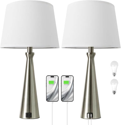 Seealle Modern Table Lamps Set of 2 - Touch Bedside Lamp for Nightstand with USB C+A,3-Way Dimmable Silver Nightstand Lamps for Living Room Bedroom End Table with White Shade(Bulb Included)