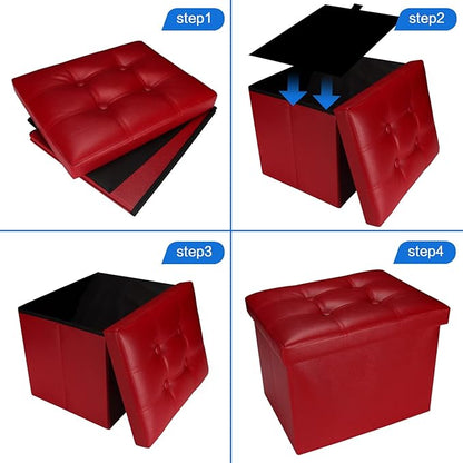 Storage Ottoman, Folding Foot Stool with Thicker Foam Padded Seat Small Leather Storage Ottoman Bench Foot Rest for Living Room Foldable Coffee Table 17x13x13in,Red