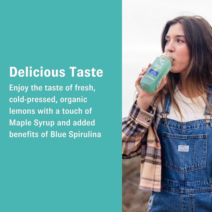 Organic SuperAde Hydration Drink, Boosts Memory, SuperFood Lemonade by Sol-ti, Cold-Pressed Blue Spirulina and Lemon Juice Blend, 16 Pack (14.9 Fl oz)