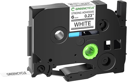 GREENCYCLE Extra Strength Adhesive Black on White Label Tape Compatible for TZE-S211 TZS211 AZES211 1/4" 6mm for PT-E550W PT2430PC 1890C PT-D210 PTP300BT PT-1010 PTH100 PTH110 D200-1 Pack