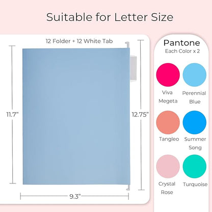Y YOMA 12 Pack Colored Hanging File Folders Letter Size Decorative Hanging Folder Cute Pretty File Folder Organizer for Filing Cabinet Office Home with 1/5-Cut Adjustable Tabs, 6 Selected Color
