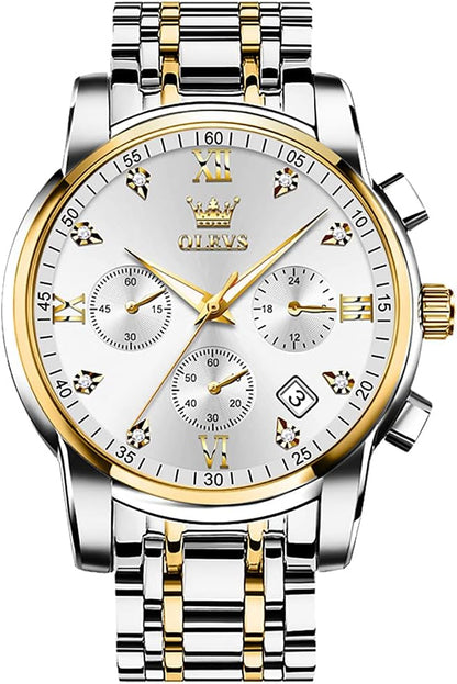 OLEVS Men's Stainless Steel Chronograph Watch, Big Face Gold Silver Black Tone Easy to Read Analog Quartz Watch, Luxury Waterproof Date Diamond Roman Arabic Numerals Dial Dress Watch for Men