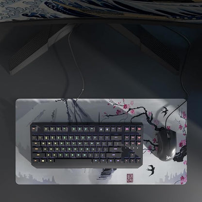 Large Sakura Mouse Pad, White Japanese Cherry Blossom Desk Mat,Extended Keyboard Mouse Pad with Non-Slip Base and Stitched Edge 23.6" x 11.8" Desktop Protector for Office and Home