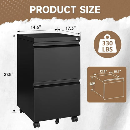 2 Drawer File Cabinet, Small Mobile File Cabinet with Lock, Metal Rolling Filing Cabinets for Letter/Legal/A4 File, Home, Office, Black