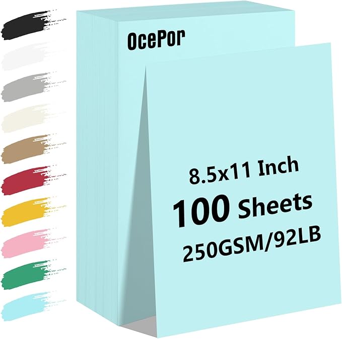 OcePor 100 Sheets Blue Cardstock Paper, Colored Printer Paper 8.5 x 11, Card Stock Thick Construction for Craft,Scrapbook，Office Printing, Invitations, Certificates，92 lb/250gsm