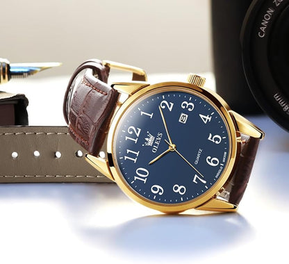 OLEVS Mens Watches Vintage Leather Band Dress Classic Easy Reader Arabic Numerals Analog Quartz Waterproof Date and Day Blue/Black/White Large Face Men's Wrist Watches