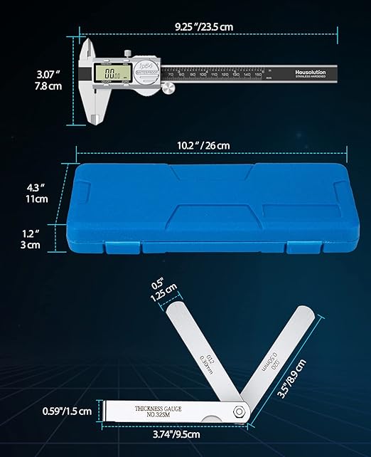Housolution Digital Caliper 6 Inch, (ABS) Absolute Scale Caliper, IP54 Caliper Measuring Tool, Inch/MM/Fraction, Auto-Off LCD Stainless Steel Waterproof Micrometer Vernier Caliper, with Feeler Gauges
