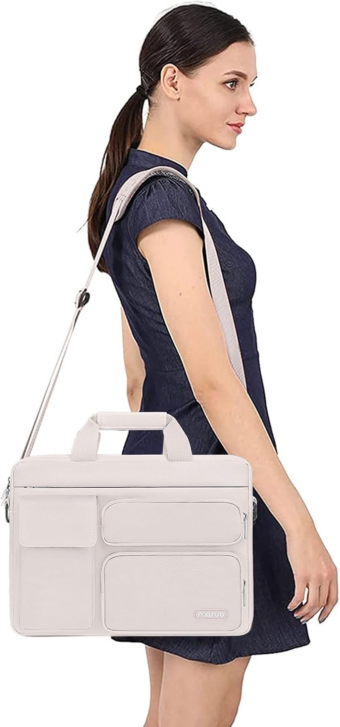 MOSISO Laptop Shoulder Bag 13.3 inch, 13-14 inch Computer Bag Compatible with MacBook Air/Pro 13 / Pro 14, HP Dell ASUS Lenovo with 2 Raised&1 Flapover&1 Horizontal Pocket&Handle&Belt, Stone Gray
