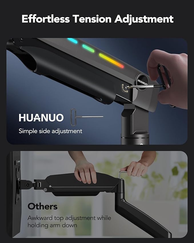 HUANUO RGB Monitor Arm for Ultrawide Screens up to 49″, Heavy-Duty Single Mount Holds 44 lbs, Fully Adjustable Gaming Monitor Arm with C-Clamp & Grommet Base, Max VESA 100 x 100mm