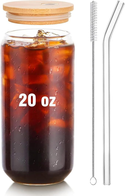 Glass Cups with Lids and Straws 1Pack,Glass Coffee Cups with Lid, Smoothie Cup,Beer Glasses,Cocktail Glasses for Whiskey,Soda-20 Oz Glass Tumbler with Straw,1 Brush