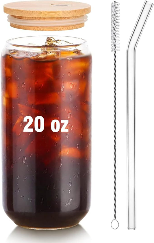 Glass Cups with Lids and Straws 1Pack,Glass Coffee Cups with Lid, Smoothie Cup,Beer Glasses,Cocktail Glasses for Whiskey,Soda-20 Oz Glass Tumbler with Straw,1 Brush