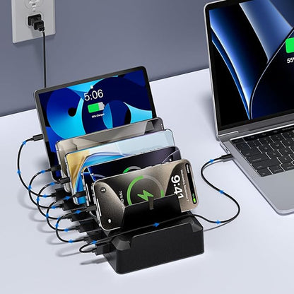Charging Station for Multiple Devices, 6 Port USB Charger with Holder Stand and Cables for iPad, Apple, Android, Tablet, Office Desk Charging Dock Storage Organizer (White)
