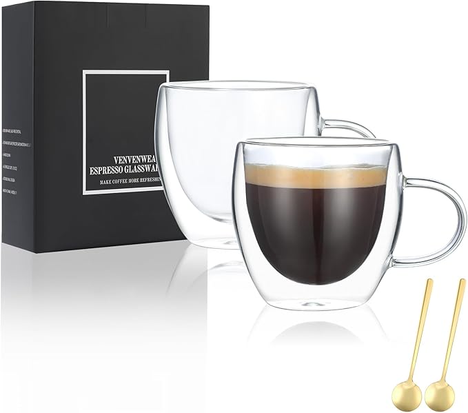 Espresso Cups Set Of 2,Double Wall 5OZ Hand Blown Espresso Shots Glass,Espresso Coffee Mugs In Gift Box,Perfect For Espresso,Latte,Cappuccinos,Tea Bag,Juice