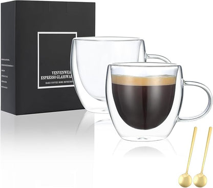 Espresso Cups Set Of 2,Double Wall 5OZ Hand Blown Espresso Shots Glass,Espresso Coffee Mugs In Gift Box,Perfect For Espresso,Latte,Cappuccinos,Tea Bag,Juice