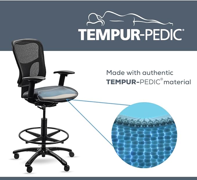 Tempur-Pedic TP8200C Vinyl Drafting Stool with Backrest and Footrest with Lumbar Support, with Tempur Material, Cooling Gel Layer, Black Vinyl