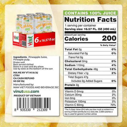 Vinut Natural Pineapple Juice Drink with Pulp, (16.57 fl oz, Pack of 6) - Real Pineapple Juice, No Sugar Added, Gluten Free, GMO-Free
