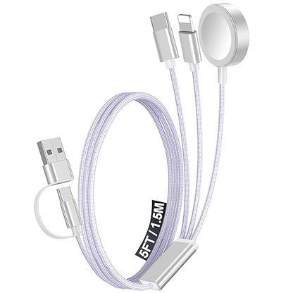 1Pack Multi Charging Cable Cord for Travel Essentials,Apple Watch Charger,iPhone Charger,[3-in-2] Type C/Lightning Cable Portable Designed for iWatch,iPhone 17-8,Galaxy S25-21,AirPods,iPad-1.5M Purple