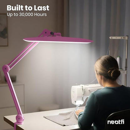 Neatfi XL LED Desk Lamp with Clamp, 2200 Lumens, 24W, 20-Inch Wide Head, Dimmable 4 Brightness Levels, Task Light for Home Office, Crafts, Workbench (Non-CCT, Pink)