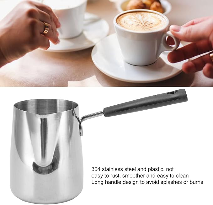 Classics Turkish Coffee Pot, 21oz/600ml Stainless Steel Milk Frothing Jug Long Handle Coffeware Pull Flower Toroid Pitcher Milk Warmer Hot Chocolate Maker