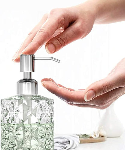 GLADPURE Soap Dispenser - 2 Pack, 12 Oz Clear Diamond Design Glass Refillable Hand Soap Dispensers; with 304 Rust Proof Stainless Steel Pump, Lotion Dispensers for Kitchen, Bathroom