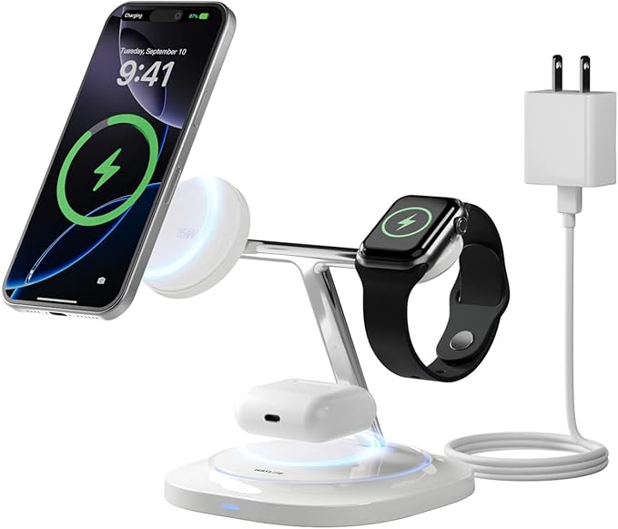 3 in 1 Magnetic Wireless Charger for Apple -Fast Charging Station Compatible with MagSafe for iPhone17-12, Apple Watch&AirPods, Phone and Watch Charger Stand for Desktop Bedside Office (Elegant White)