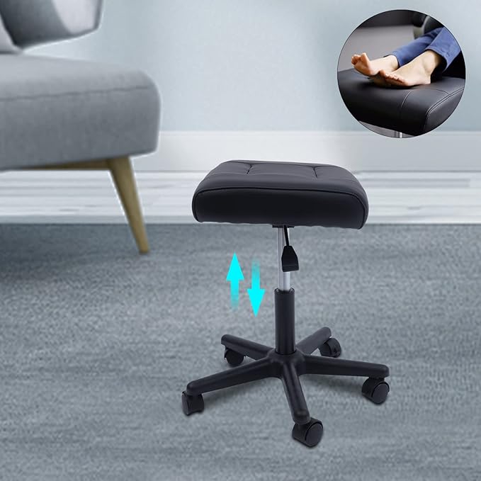 Footstool on Wheels, 15-20'' Height Adjustable, Lockable Rolling Stool Foot Rest for Office and Gaming Chairs, Load Capacity 330Lbs, Black