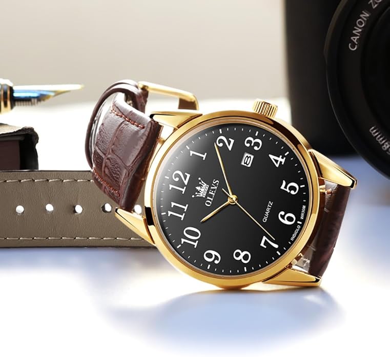 OLEVS Mens Watches Vintage Leather Band Dress Classic Easy Reader Arabic Numerals Analog Quartz Waterproof Date and Day Blue/Black/White Large Face Men's Wrist Watches