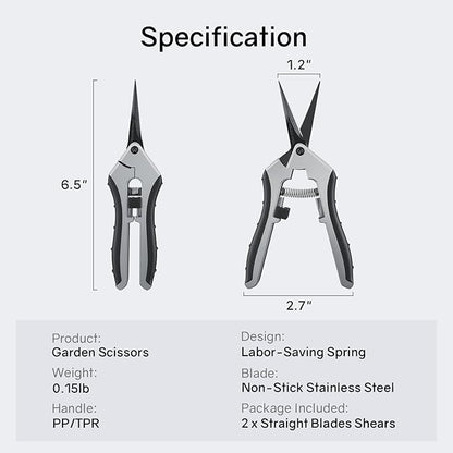 6.5" Ultra Sharp Pruning Shears - Professional Garden Scissors with Straight Stainless Steel Blades, Ergonomic Handle, Rust Resistant, Safety Lock, Trimming Scissors for Plants in Grow Tents, 2-Pack