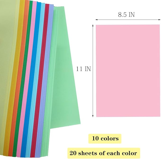 Colored Paper 8.5 x 11 Assorted Colored Print Paper 10 Colors Copy Paper, Letter Size Colored Copy Paper for Cutting DIY Kids Art Craft School Office Supplie