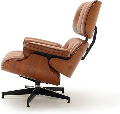 Mid Century Chaise Lounge Chair with Ottoman, Top Black Grain Leather, Modern Office Chair Classic Design, Heavy Duty Base Support for Living Room Study Lounge Office