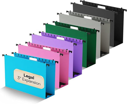 Plastic Legal Size Hanging File Folders,3" Expansion Extra Capacity Hanging Folder,Heavy Duty Reinforced Hang Folders Legal,Adjustable Tabs,Filing Cabinet Folder for Bulky Files,12 Pack,Colored