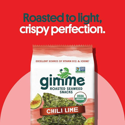 Gimme Seaweed Organic Premium Roasted Seaweed Snacks, Chili Lime, 12 Count Sharing Size, Keto, Vegan, Gluten-Free, Great Source of Omega3s and Iodine, Healthy On-The-Go Snack for Kids and Adults