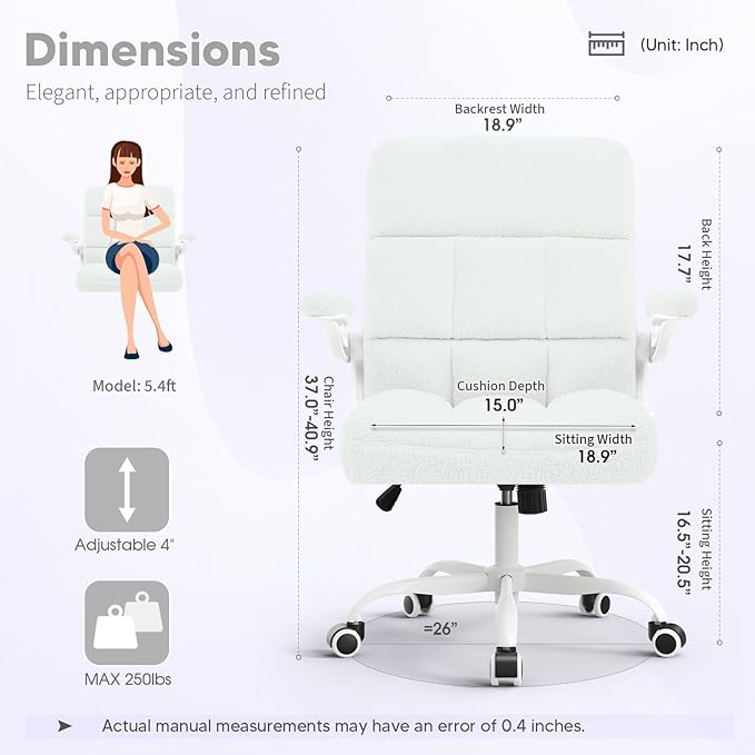 Office Chair with Wheels, Ergonomic Home Office Computer Chair with Flip-up Armrest, Comfy Adjustable Rolling Desk Chair Teddy Fleece – Beige