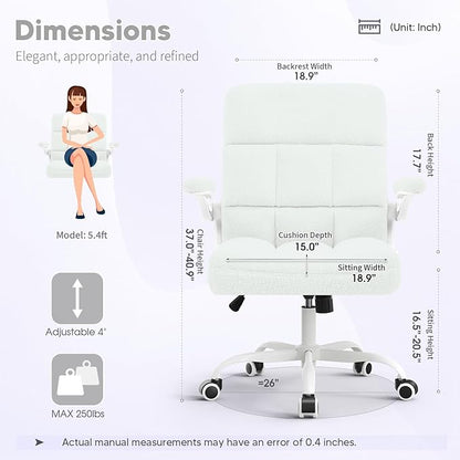 Office Chair with Wheels, Ergonomic Home Office Computer Chair with Flip-up Armrest, Comfy Adjustable Rolling Desk Chair Teddy Fleece – Beige