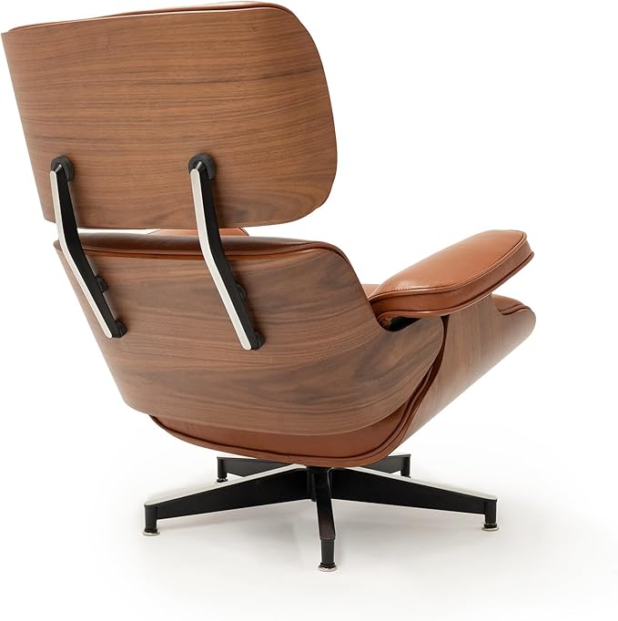 Mid Century Chaise Lounge Chair with Ottoman, Top Black Grain Leather, Modern Office Chair Classic Design, Heavy Duty Base Support for Living Room Study Lounge Office