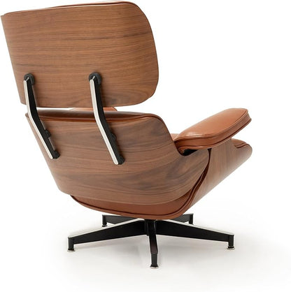 Mid Century Chaise Lounge Chair with Ottoman, Top Black Grain Leather, Modern Office Chair Classic Design, Heavy Duty Base Support for Living Room Study Lounge Office