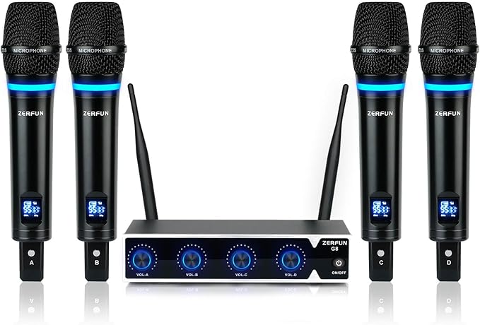 Pro Rechargeable Wireless Microphone System 4 Channel, UHF Metal Handheld Wireless Microphones Cordless Mics with VOL Control, 4x50 Adjustable Frequency for Karaoke Singing Church(G8)