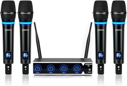 Pro Rechargeable Wireless Microphone System 4 Channel, UHF Metal Handheld Wireless Microphones Cordless Mics with VOL Control, 4x50 Adjustable Frequency for Karaoke Singing Church(G8)