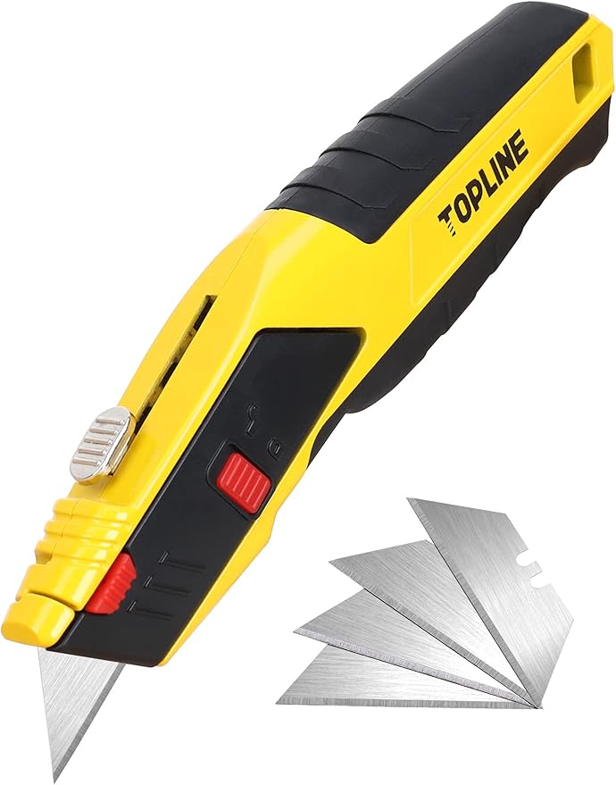 TOPLINE Heavy Duty Auto-Loading Utility Knife, Safety Box Cutter Knife for Quick Blade Change, Box Cutter Retractable with Blade Storage, 5-Piece SK5 Blades Included