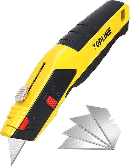 TOPLINE Heavy Duty Auto-Loading Utility Knife, Safety Box Cutter Knife for Quick Blade Change, Box Cutter Retractable with Blade Storage, 5-Piece SK5 Blades Included