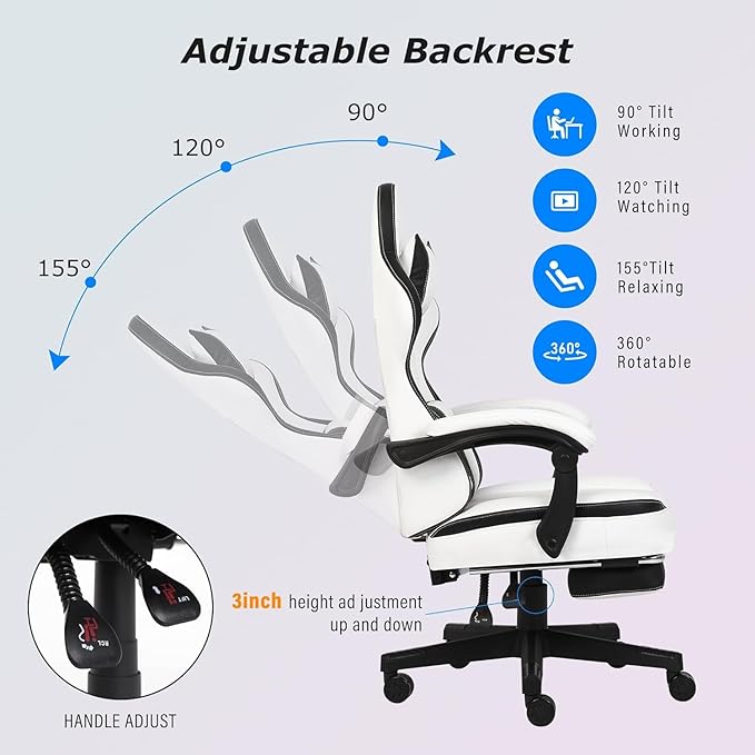 Gaming Chair, Computer Gaming Chairs with Footrest, Linkage Armrests and Lumbar Support, High Back Ergonomic Office Chair for Adults, Big and Tall Desk Chair(WhiteBlack)
