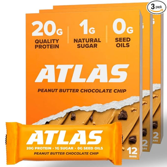 Atlas Bar – 20g Protein, 1g Sugar, 0g Seed Oils, 0g Artificial Sweeteners (Peanut Butter Chocolate Chip, 36 Count)