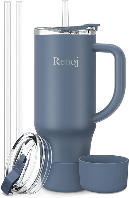 Renoj Tumbler with Handle 100% Leak Proof Insulated Water Bottle for Iced Coffee & Hot Drinks - Fits Car Cup Holder, Ideal Gift, 2 Straws & Silicone Boot BPA-Free - SnapShift Navy Blue 32 oz