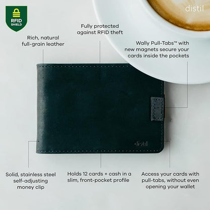 Distil Union Wally Classic RFID Wallet - No ID Window - Slim Bifold Wallet for Men with Money Clip, Premium Leather – Minimalist RFID Card Holder - Holds 12 Cards & 30 Bills - Brown