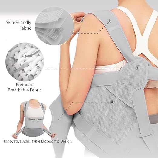 Posture Corrector for Women & Men – Full Back Support Adjustable Back Brace, Shoulder Straightener for Spine Alignment, Upper Back & Back Pain Relief(Grey, Medium)