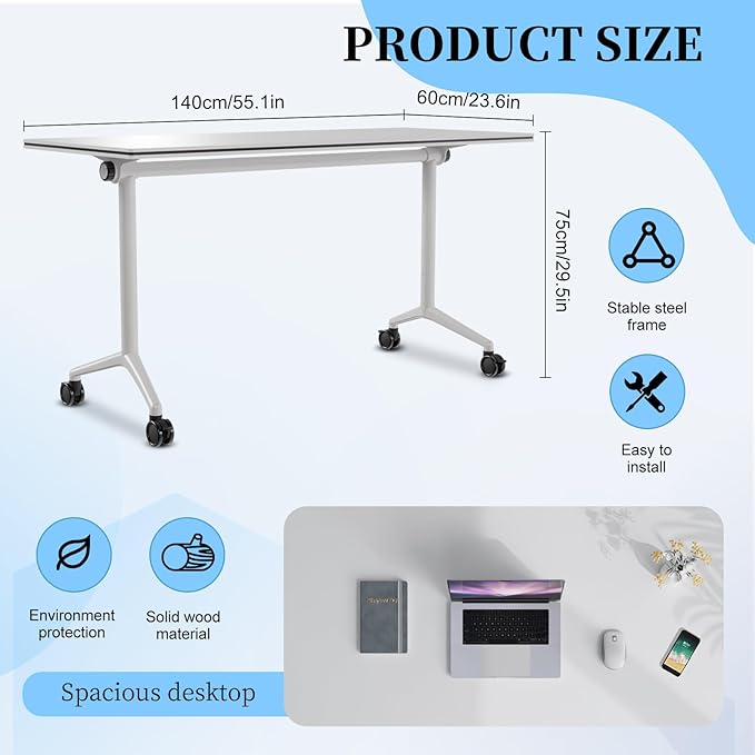Conference Table, Folding Conference Room Tables, Modern Flip Top Seminar Training Meeting Table with Wheels, Modular Foldable Conference Tables for Home Office Classr (White 4 Pack, 55.1inch)
