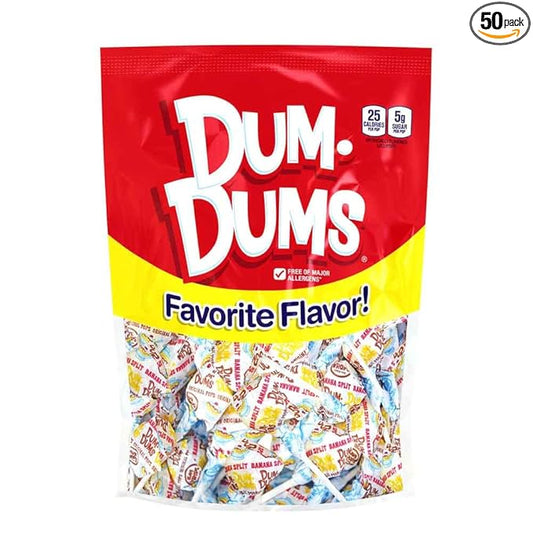 Dum Dums Banana Split Lollipops - Bulk Candy Box with Lollipops Individually Wrapped, Single Flavor Gourmet Suckers - 50 Count